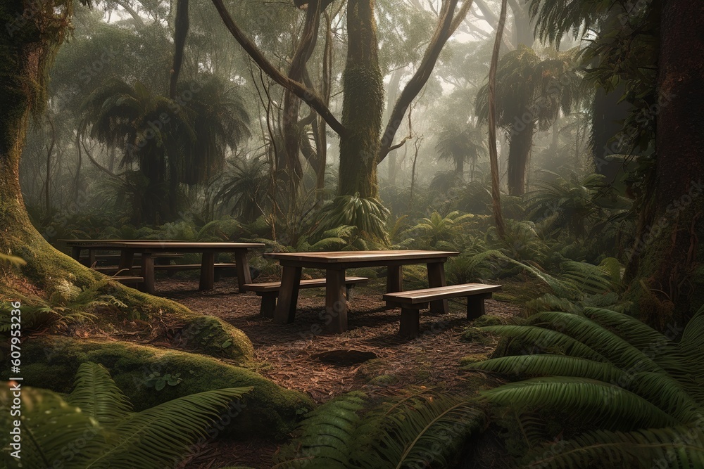 Poster a picnic table set up smack dab in the midst of the woods generative ai