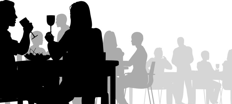 Editable vector silhouette of people eating in a restaurant