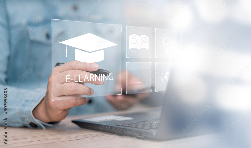 Fototapete concept of online education. man use online education training and e-learning webinar on internet fo