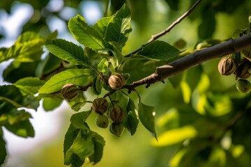 walnut tree with leaves and clusters of walnuts hanging from branches - obrazy, fototapety, plakaty