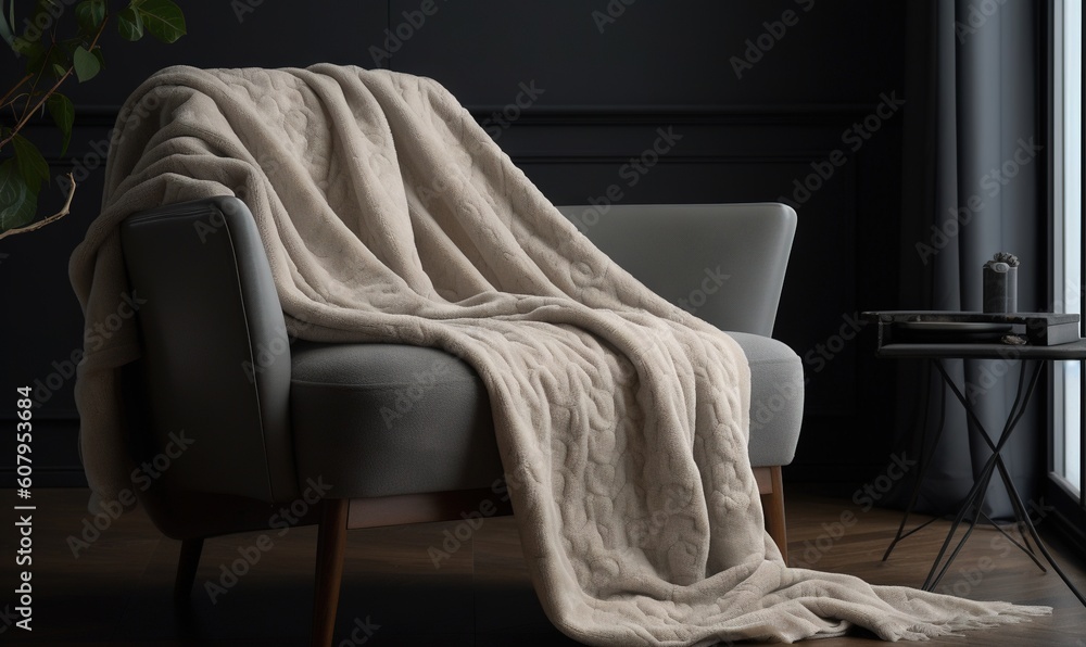 Poster a chair with a blanket on it next to a window. generative ai