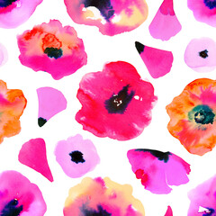 Beautiful seamless pattern with abstract watercolor hand drawn red, pink and lila poppy flowers. Spring summer painting. Stock illustration.