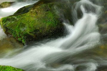 Moss covered rock with silky blurred whitewater
