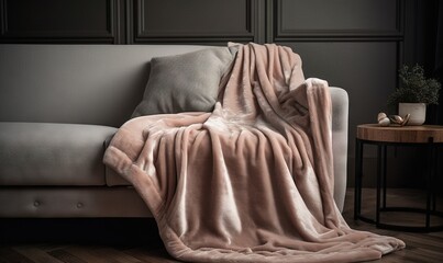  a couch covered in a pink blanket next to a table.  generative ai