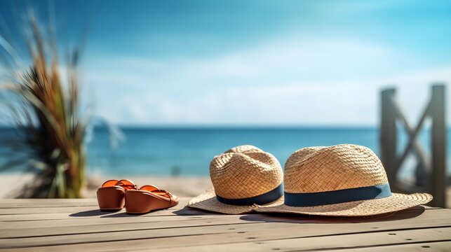 Hats, Sunglasses, and Beach Sandals on Wooden Deck - Image of Summer Resort Vacation