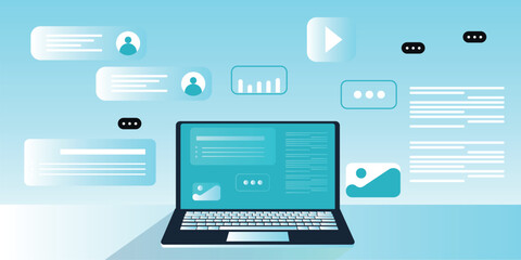 Naklejka premium Digital nomad banner. Traveling with a computer. Online job. Concept of digital nomad, remote worker, independent location entrepreneur.