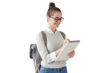 Female student taking notes with pencil and notebook
