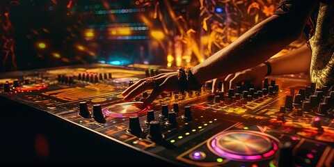 DJ Hands creating and regulating music on dj console mixer in concert outdoor, psychedelic lights and laser background