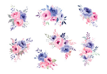 Set of floral branch. Flower pink and lilac flowers, green and blue leaves. Wedding concept with flowers. Floral poster, invite. Vector arrangements for greeting card or invitation design