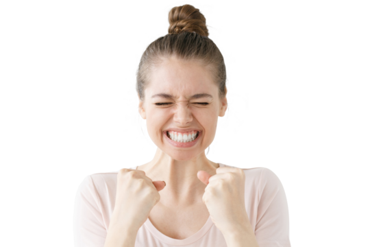 Happy girl holding hands in gesture of winner, looking extremely happy - Powered by Adobe