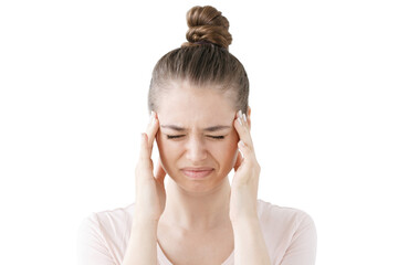 Fototapeta premium Young woman suffering from severe headache, pressing fingers to temples, closing eyes in order to relieve pain