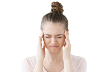 Young woman suffering from severe headache, pressing fingers to temples, closing eyes in order to relieve pain