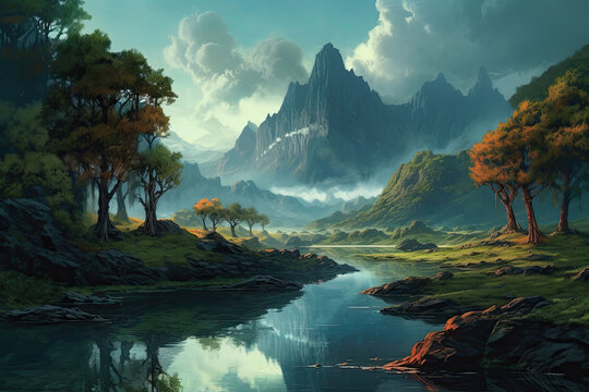 Serene river landscape in greens. AI generated