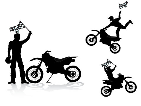 Isolated motocross rider set with racing flags
