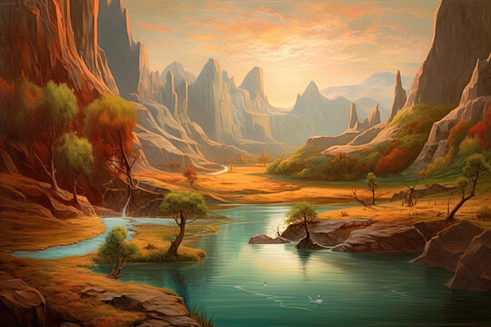 Serene river landscape sunset in oranges. AI generated