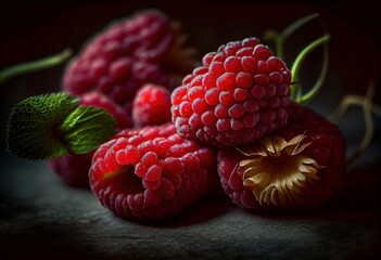 Grouped raspberry fruits on dark background. Generative AI.