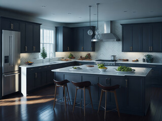 A realistic portrayal of a modern and spacious kitchen emerges, bathed in abundant light and adorned with light colors.