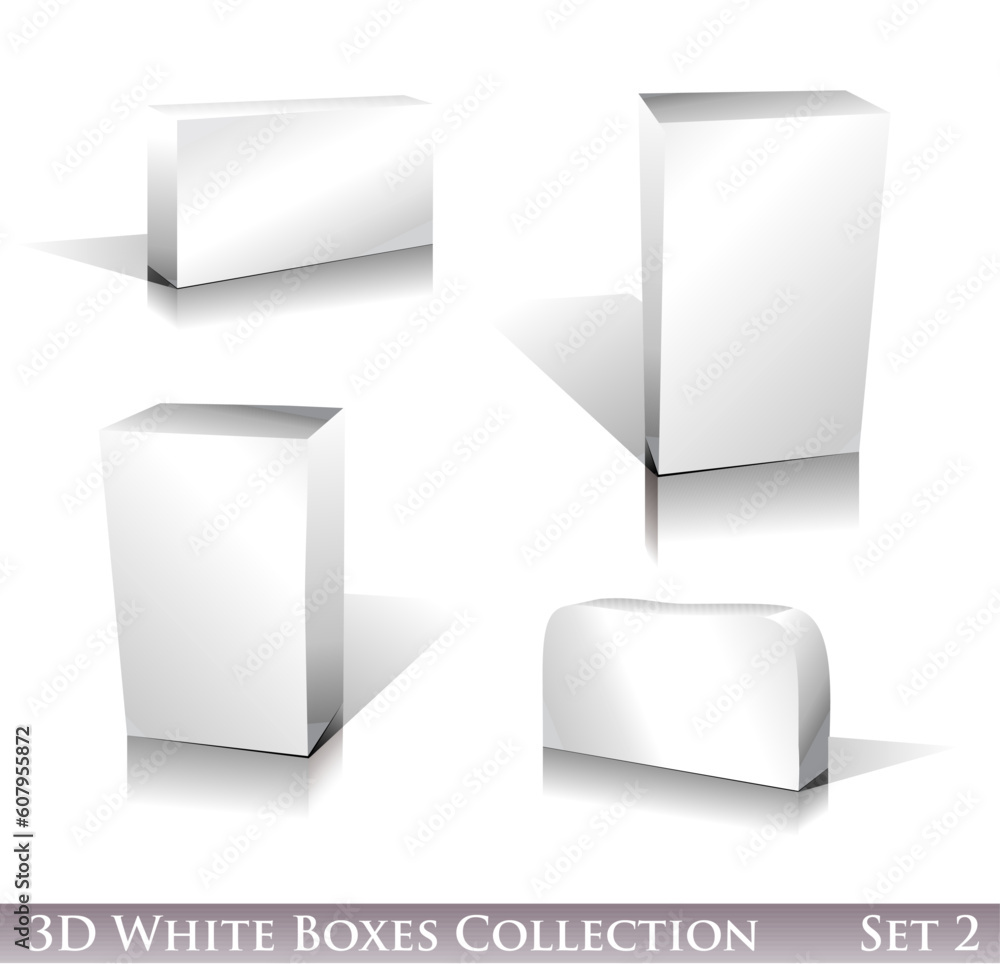 Poster three dimensional boxes icon set with reflection and shadows