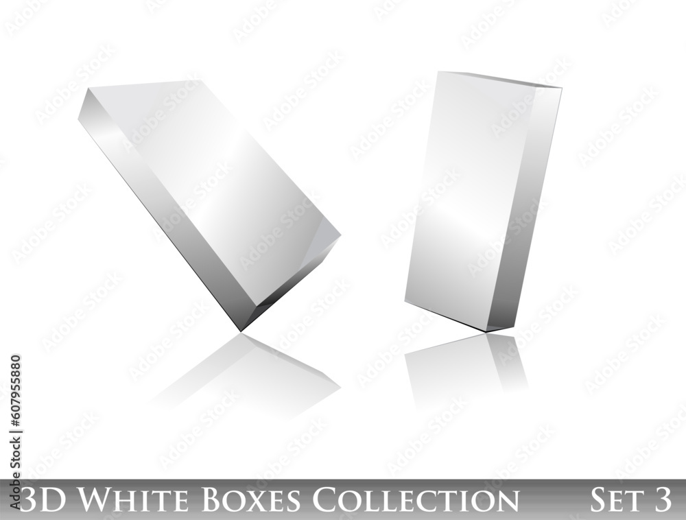 Poster three dimensional boxes icon set with reflection and shadows