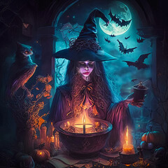 Magic fantasy land, sorceress brews magic potion, halloween