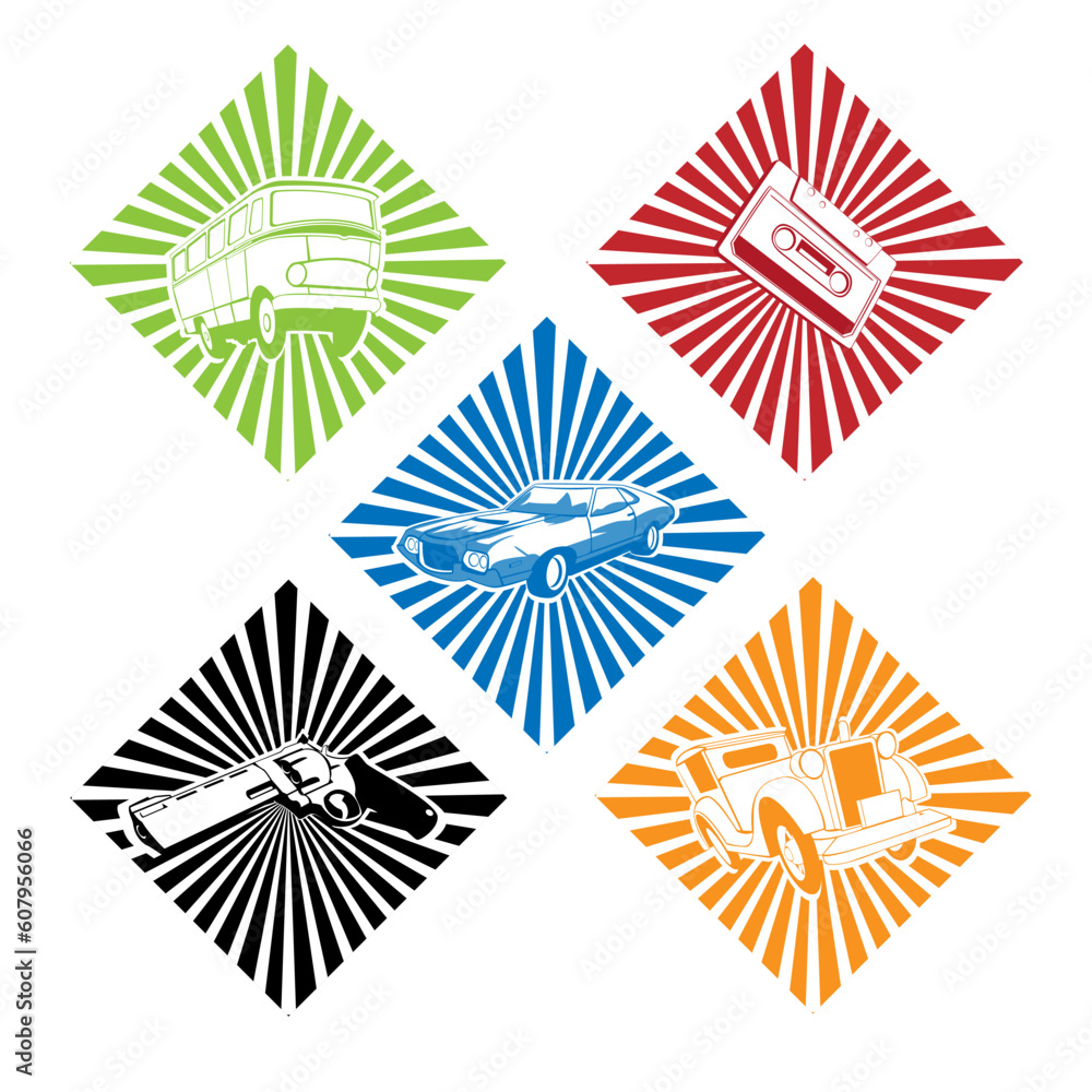 Poster vector collection of different objects with sunburst background