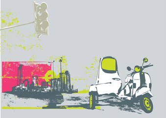 Vector illustration of vintage scooter on the grunge urban background