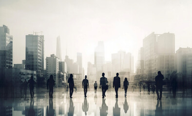 Silhouettes of people walking in the city. Sun light and modern skyscrapers at the background. Business concept AI generative illustration 