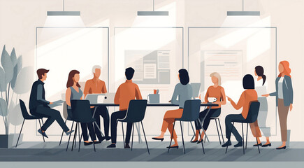 Business people having a meeting, people collaborating and sharing ideas, sitting around big meeting desk. Vector flat style AI generative illustration 