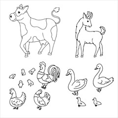 Spotted cow, Gray goat, Rooster, Chicken, Chickens, Geese. Set of animals. Farm animals. Cattle breeding Vector illustration isolated on white background.