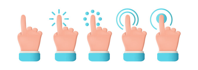 Cute cartoon hand 3D icon vector illustration - Touch or click icon stock vector design. 3d hand pointing icon design. Social media.  Isolated on white background. 3d vector illustration