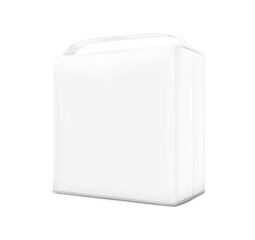 Realistic stand bag with handle mockup. Half side view. Vector illustration isolated on white background. Perfect for presentation diapers, pants, nappies, tissue, wipes, food etc. EPS10.	