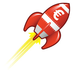 Euro currency symbol on red retro rocket ship illustration good for use as a button, in print materials, or in advertisements.