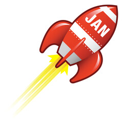 January month calendar icon on red retro rocket ship illustration good for use as a button, in print materials, or in advertisements.