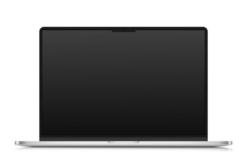 A laptop with an empty black screen on a white background. Realistic laptop layout with a dark silver case. Vector illustration.