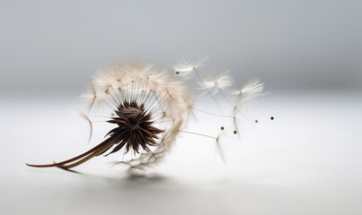  a dandelion blowing in the wind on a white surface.  generative ai