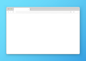 Web browser window design on a blue background. Vector frame of a website template with a shadow. An empty layout of the website's computer screen with a search bar and buttons. Vector illustration