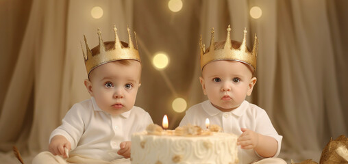 Obraz na płótnie Canvas Portrait of two adorable little twin boys wearing prince crowns celebrating their first birthday, luxury, cake and pastel studio decor. Generative AI.
