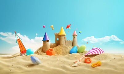  a sand castle with a sailboat and other toys in the sand.  generative ai