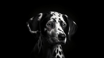 A black and white portrait of a Dalmatian dog isolated on a black background Generative Ai