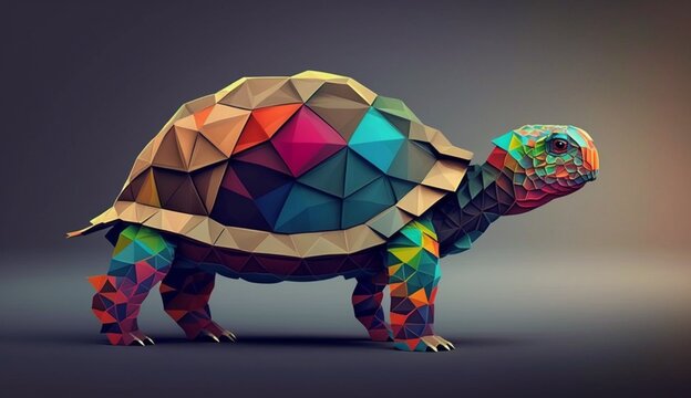 Colourful Low Polygon Geometric Turtle Animal. Generative AI.