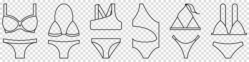 Swimsuit line icons set. Glamor beach suit, women's bikini, underwear for swimming, women's beachwear concept icons