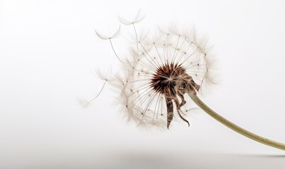  a dandelion blowing in the wind on a white background.  generative ai