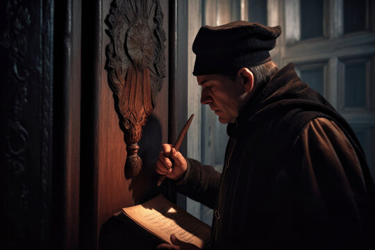 Martin Luther nailing his 95 Theses to the door of the castle church in Wittenberg in 1517 (Generative AI)