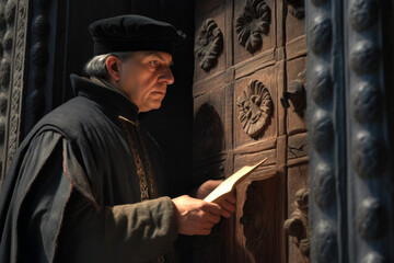 Martin Luther nailing his 95 Theses to the door of the castle church in Wittenberg in 1517 (Generative AI)