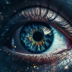 A close up of a person's blue eye surrounded by glitter makeup Generative Ai