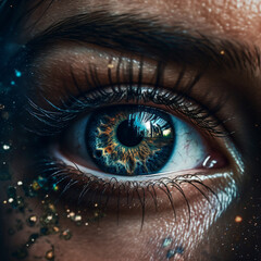 A close up of a person's blue eye surrounded by glitter makeup Generative Ai
