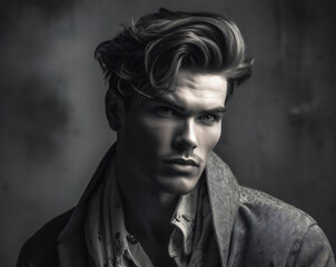 Obraz premium A handsome man model with a messy haircut and a scarf around his neck Generative Ai