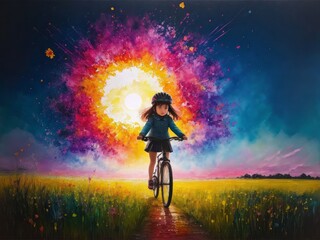 A painting of an girl on a bicycle volume two created with generative ai, ki