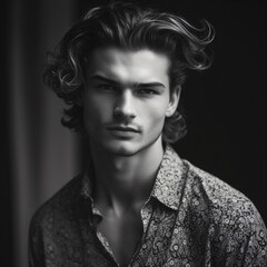 Obraz premium A handsome man model with curly hair and a shirt Generative Ai