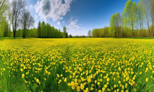  a field full of yellow flowers under a blue sky with clouds.  generative ai